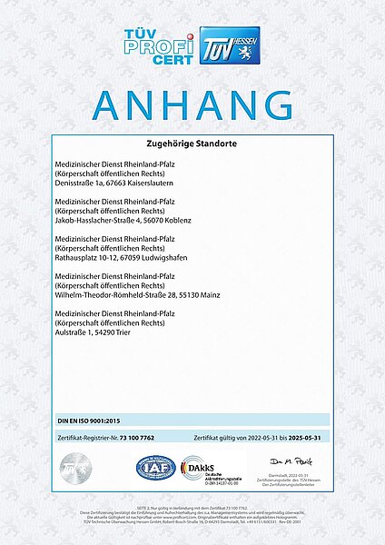 Anhang zur Urkunde: Zertifizierung des Medizinischen Dienstes Rheinland-Pfalz nach DIN EN ISO 9001:2015